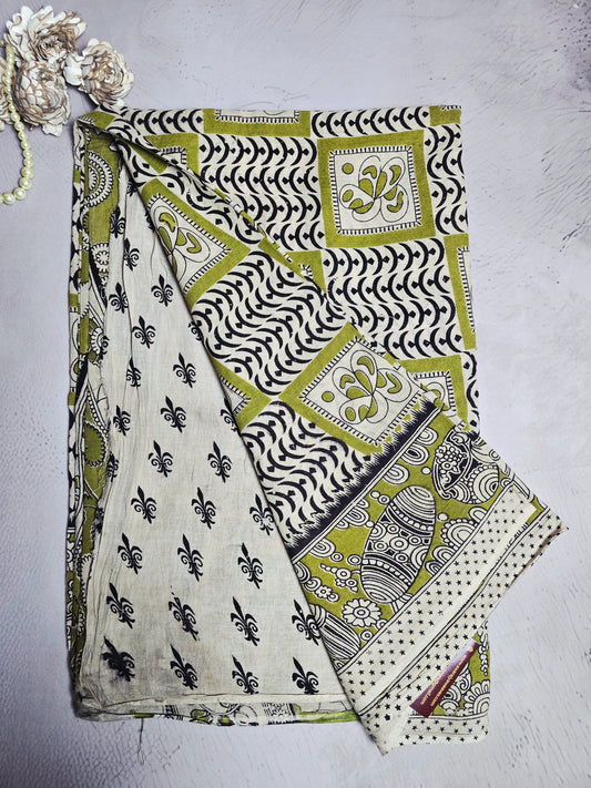Olive Green & Black Kalamkari Printed Cotton Saree