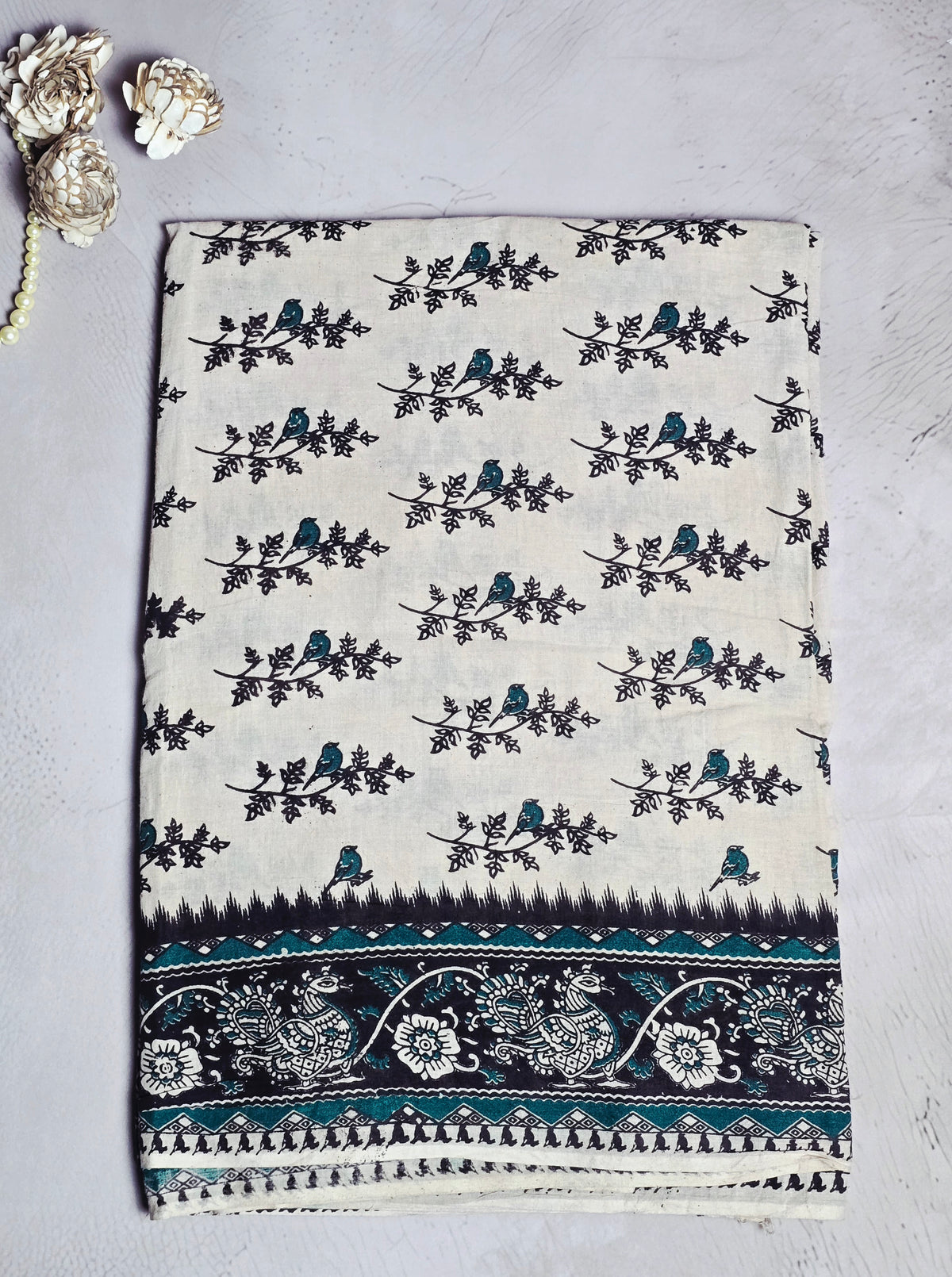Teal Blue & Black Kalamkari Printed Cotton Saree