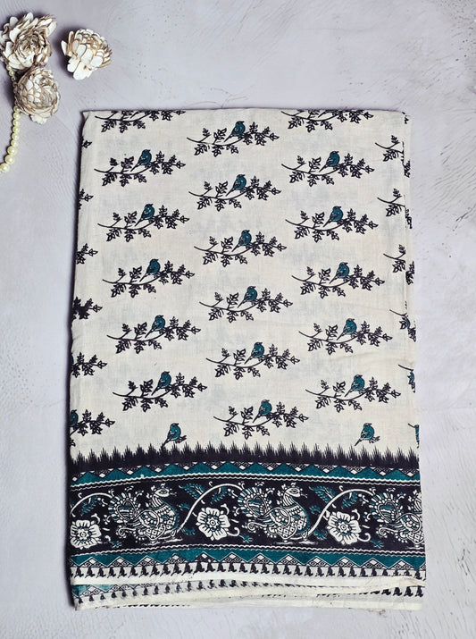 Teal Blue & Black Kalamkari Printed Cotton Saree