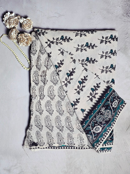 Teal Blue & Black Kalamkari Printed Cotton Saree