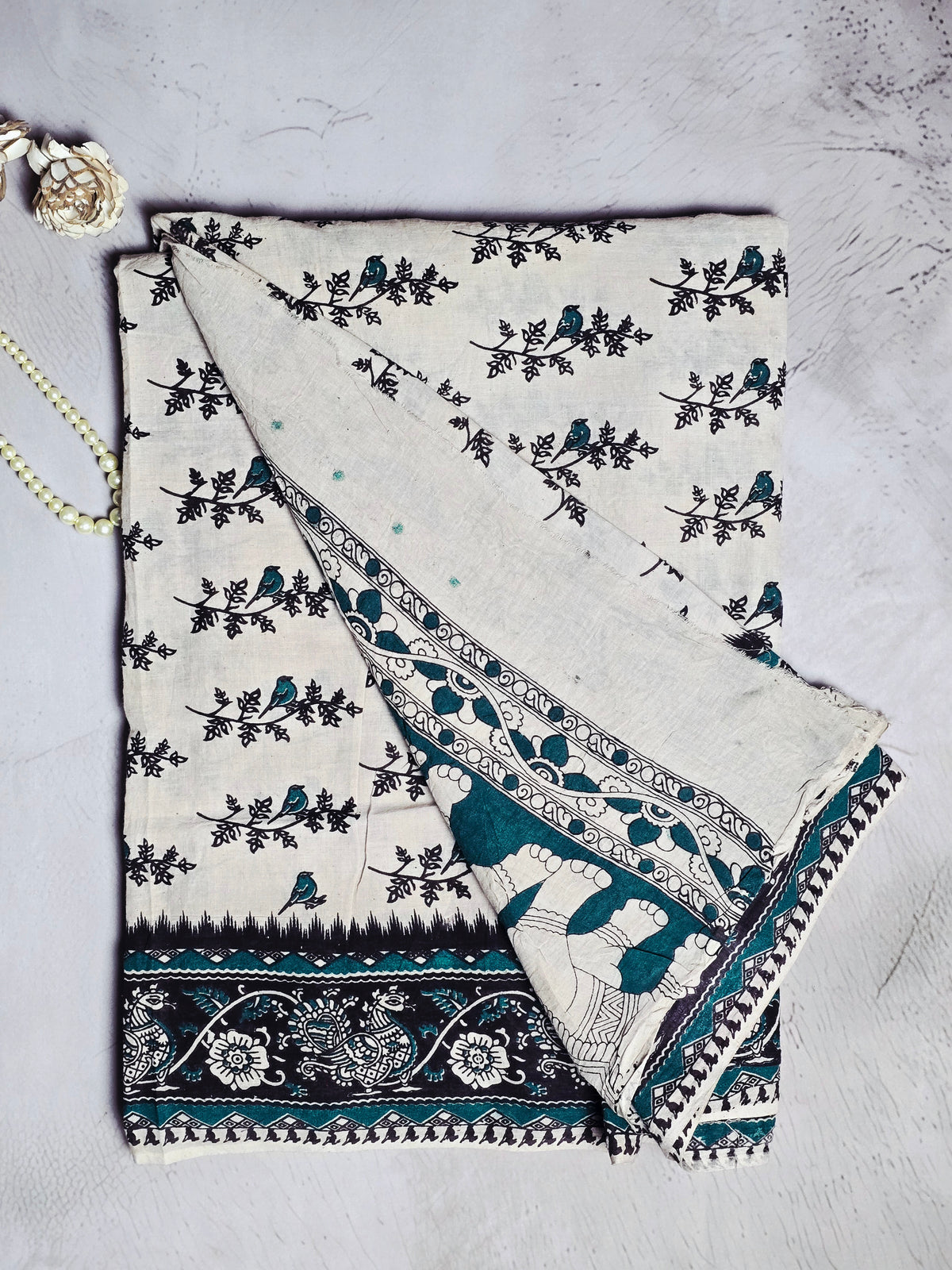 Teal Blue & Black Kalamkari Printed Cotton Saree