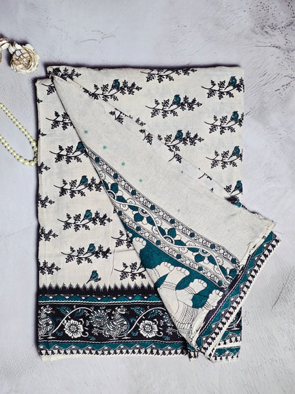 Teal Blue & Black Kalamkari Printed Cotton Saree