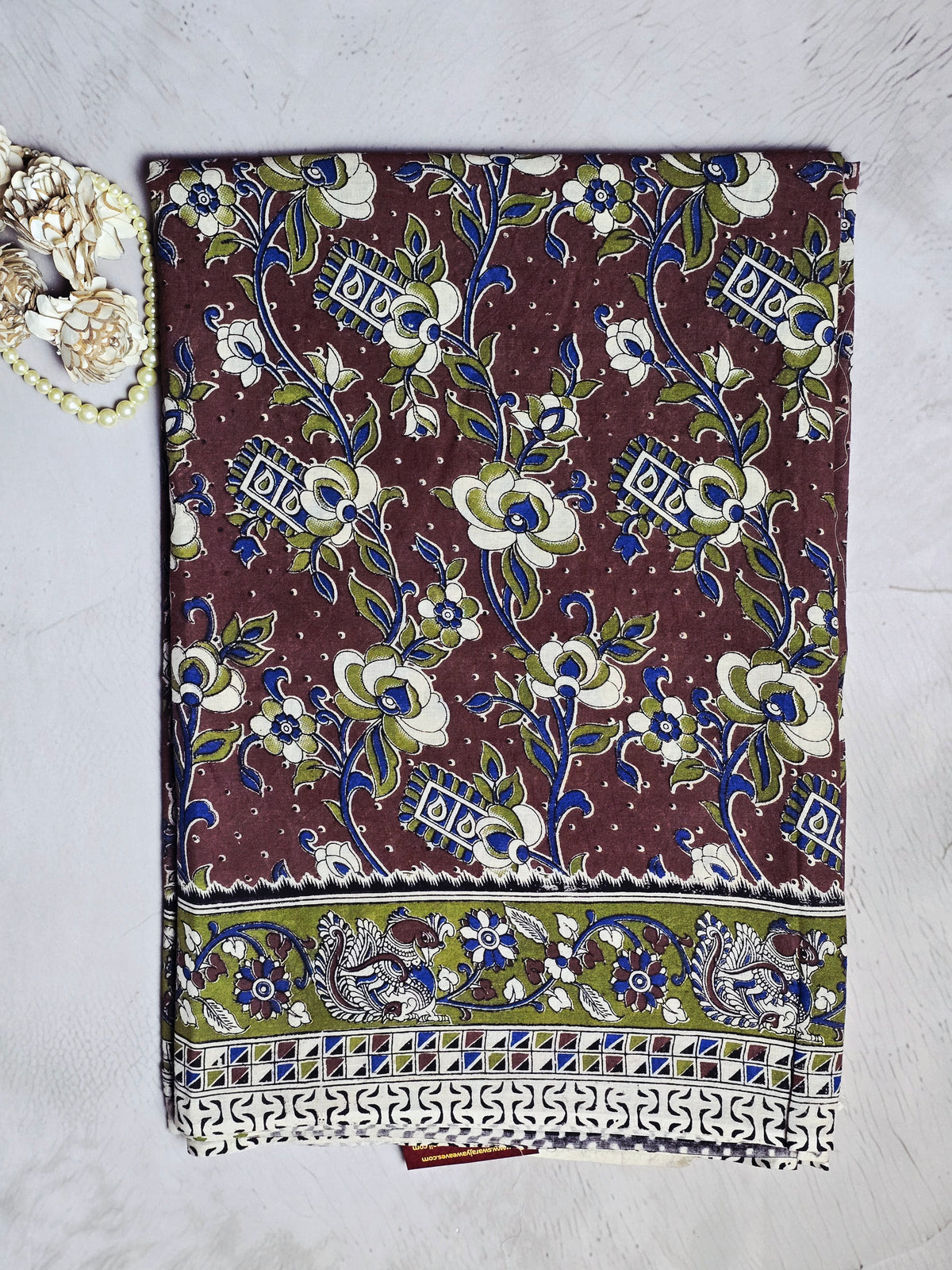 Maroon & Olive Green Kalamkari Printed Cotton Saree