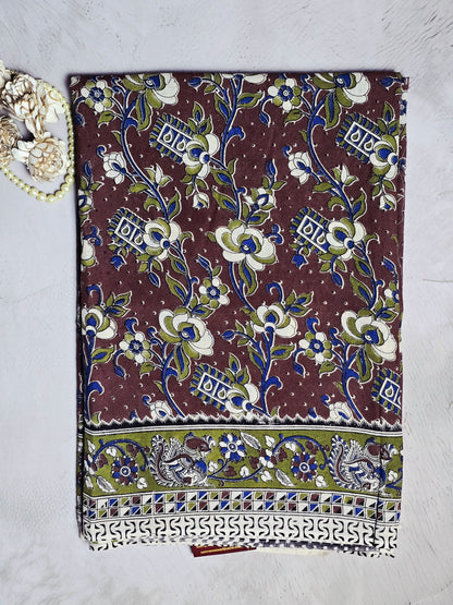 Maroon & Olive Green Kalamkari Printed Cotton Saree