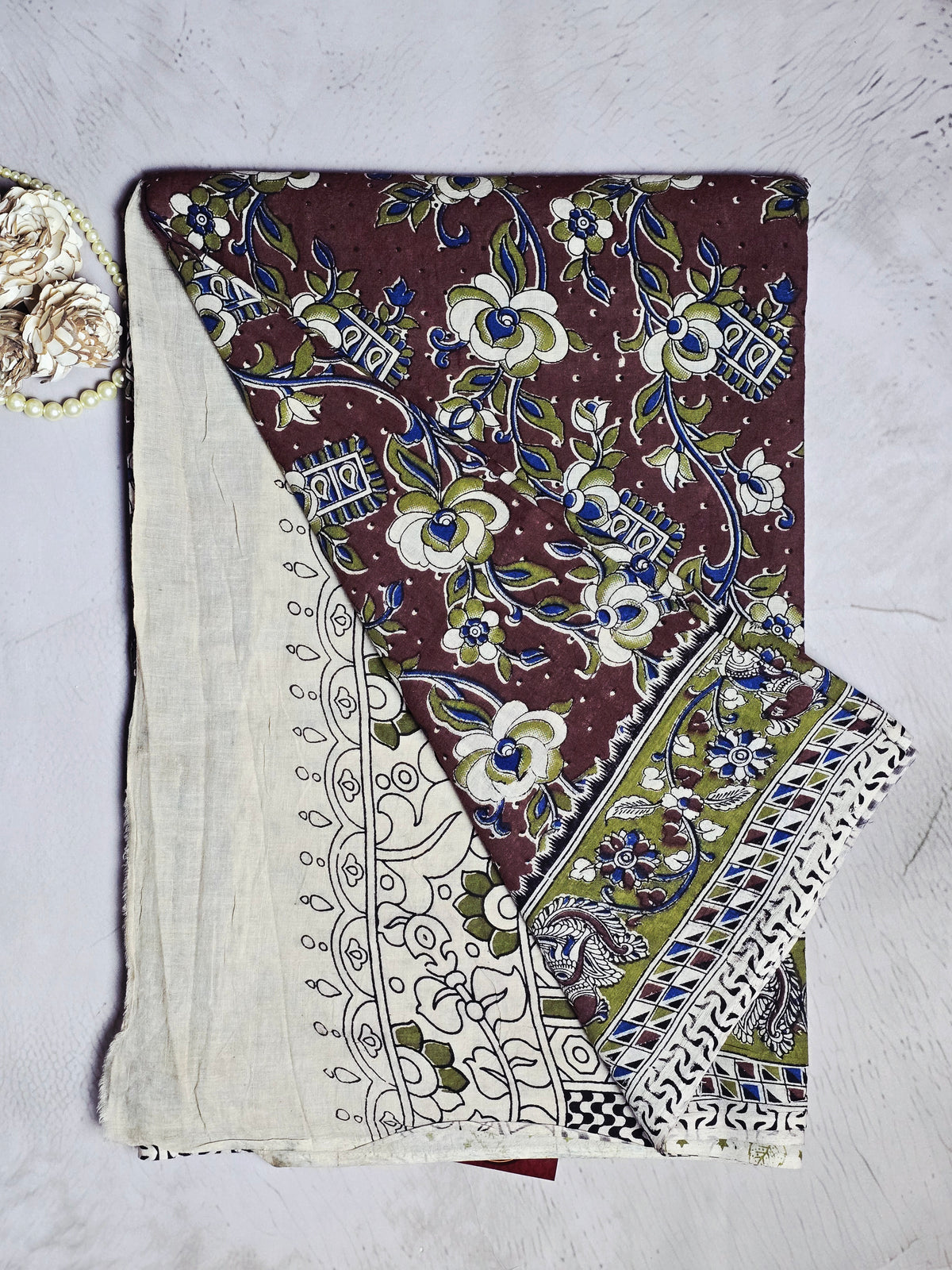 Maroon & Olive Green Kalamkari Printed Cotton Saree