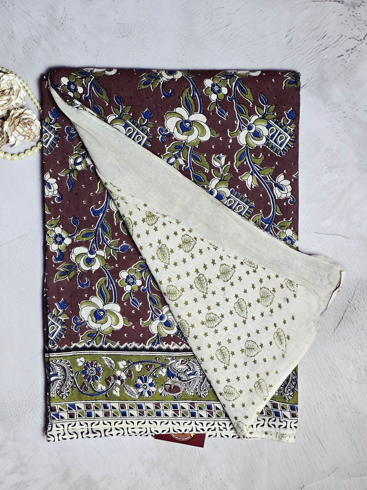 Maroon & Olive Green Kalamkari Printed Cotton Saree