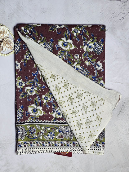 Maroon & Olive Green Kalamkari Printed Cotton Saree