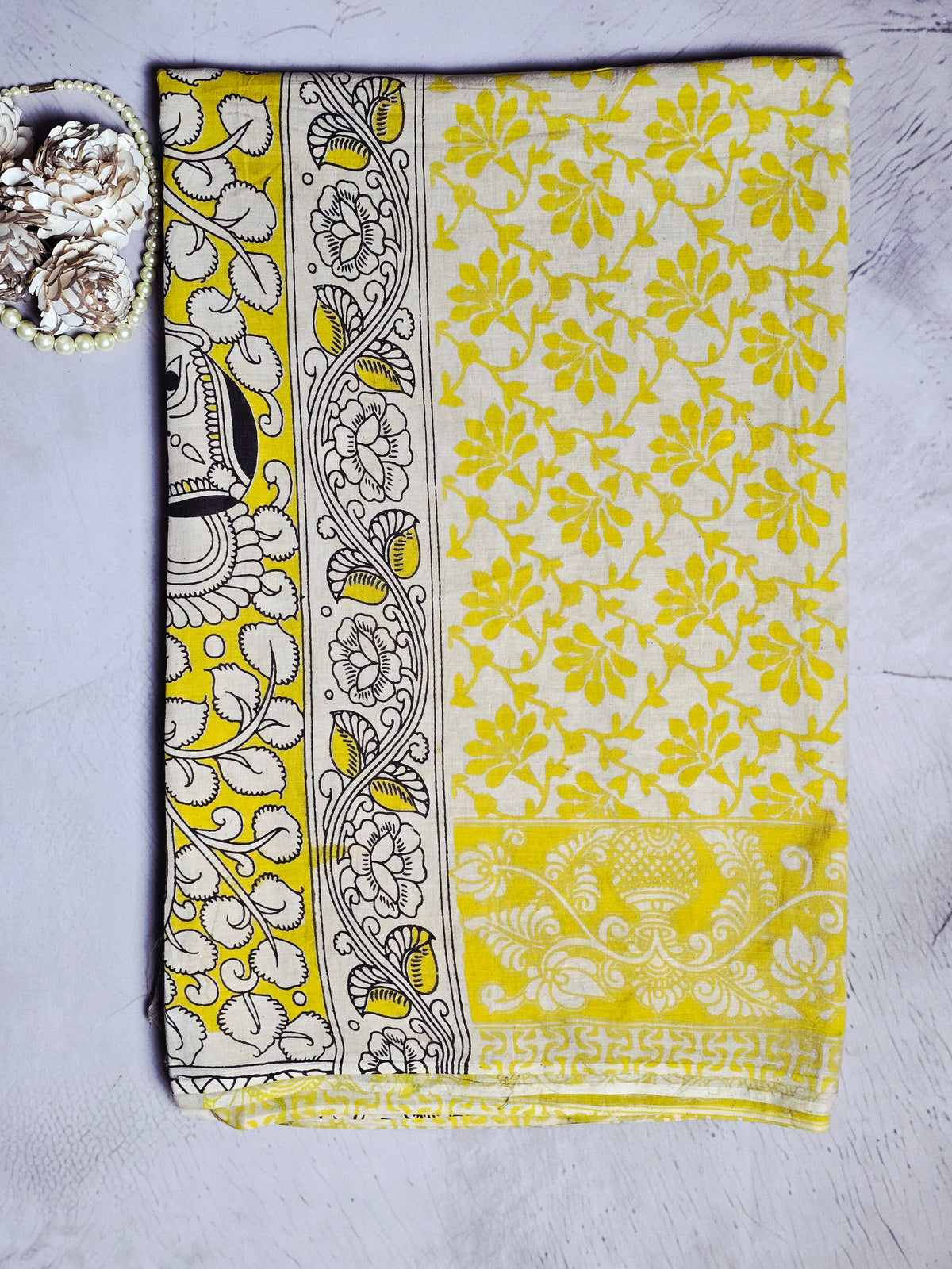 Mustard Yellow & Ivory Kalamkari Printed Cotton Saree