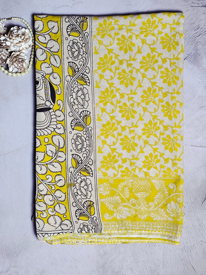 Mustard Yellow & Ivory Kalamkari Printed Cotton Saree