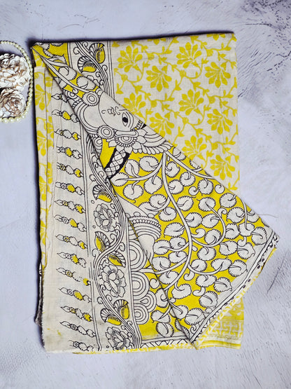 Mustard Yellow & Ivory Kalamkari Printed Cotton Saree