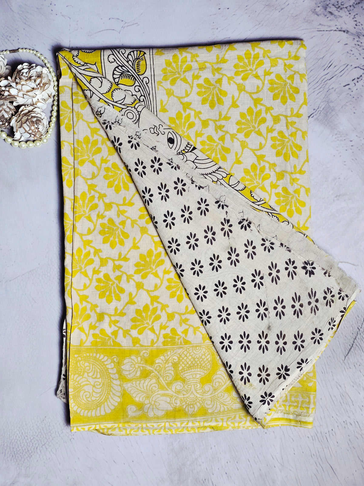 Mustard Yellow & Ivory Kalamkari Printed Cotton Saree