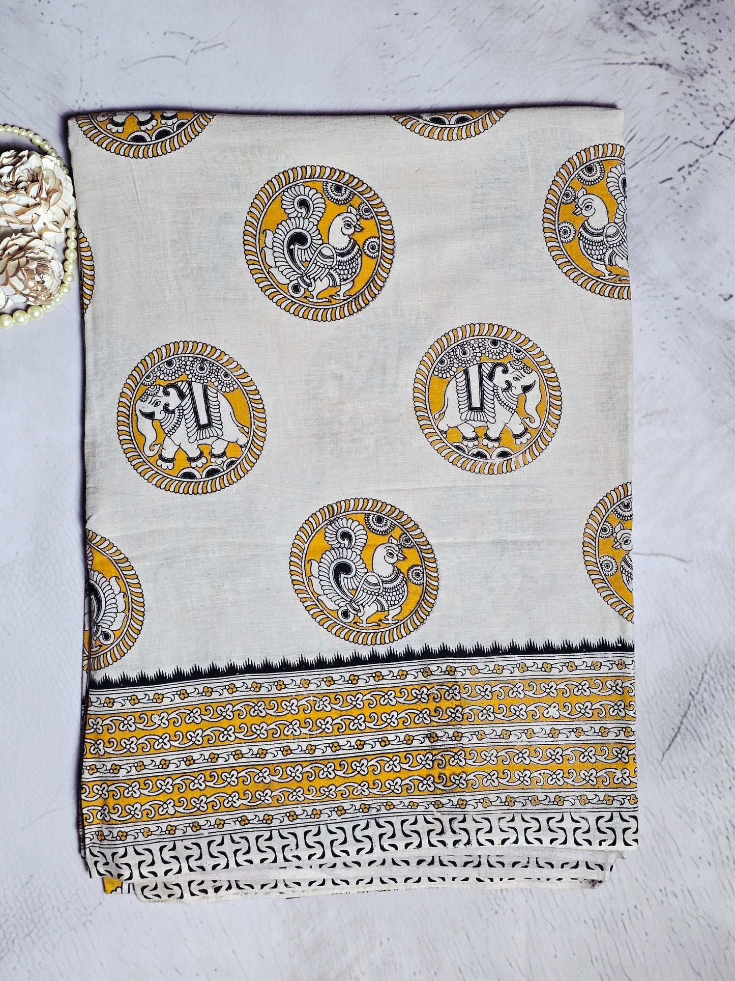Mustard Yellow & Ivory Kalamkari Printed Linen Cotton Saree