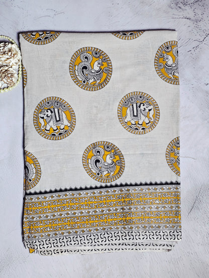 Mustard Yellow & Ivory Kalamkari Printed Linen Cotton Saree