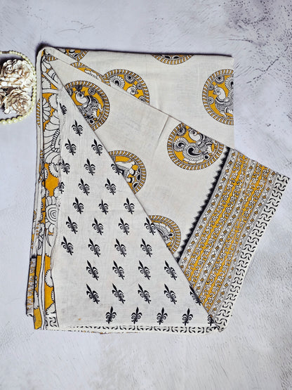 Mustard Yellow & Ivory Kalamkari Printed Linen Cotton Saree