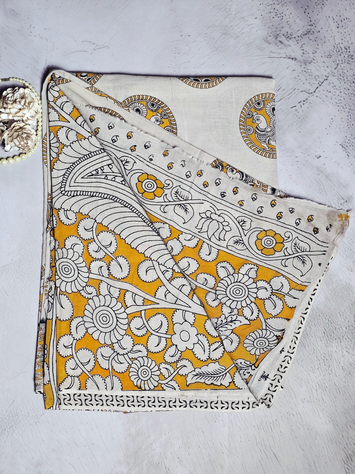 Mustard Yellow & Ivory Kalamkari Printed Linen Cotton Saree