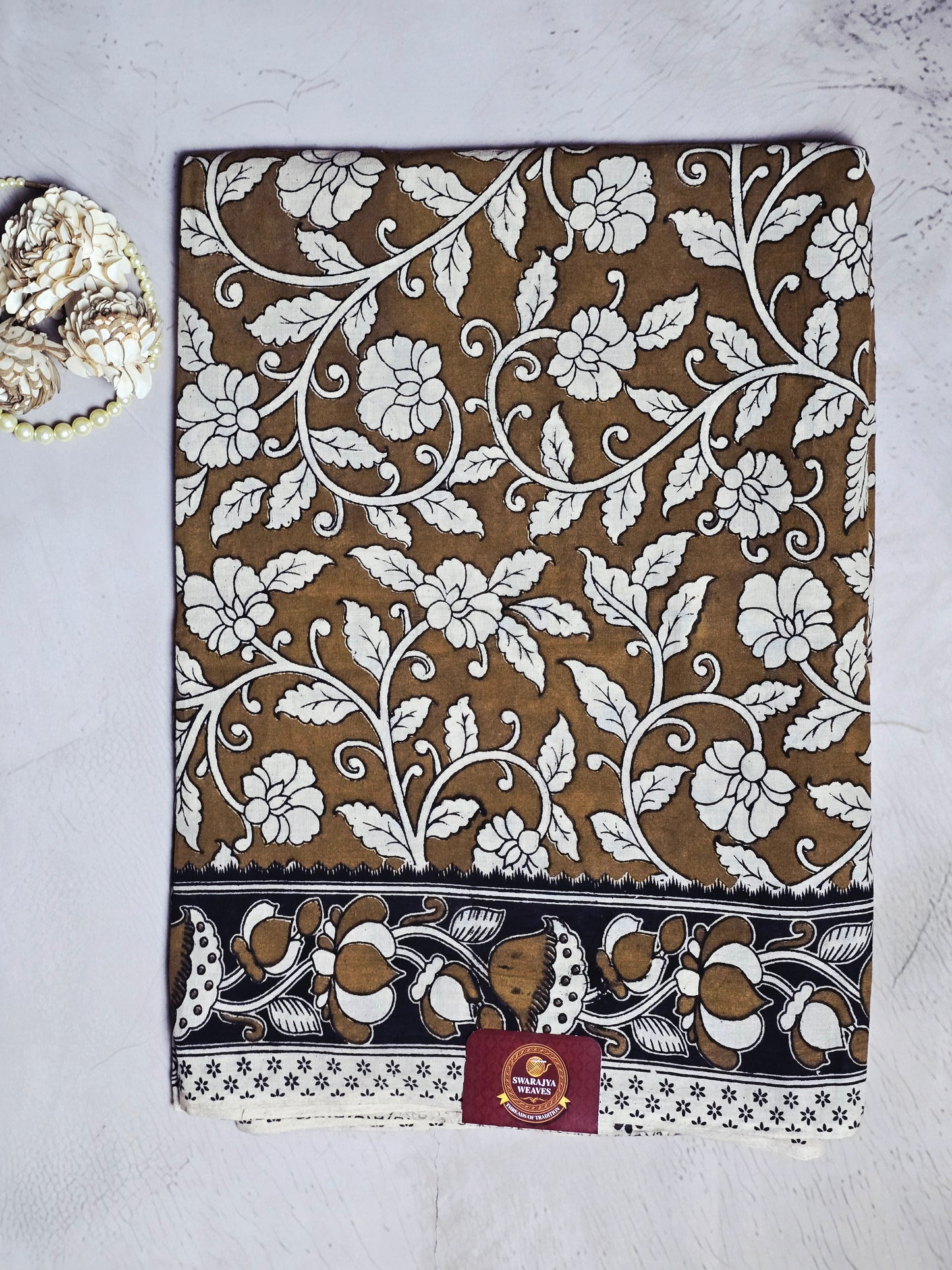 Coffee Brown & Ivory Floral Printed Linen Cotton Saree