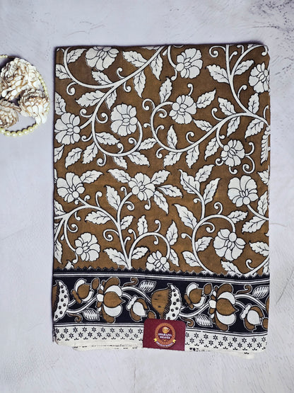 Coffee Brown & Ivory Floral Printed Linen Cotton Saree