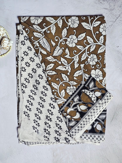 Coffee Brown & Ivory Floral Printed Linen Cotton Saree