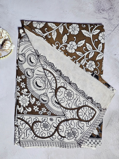 Coffee Brown & Ivory Floral Printed Linen Cotton Saree