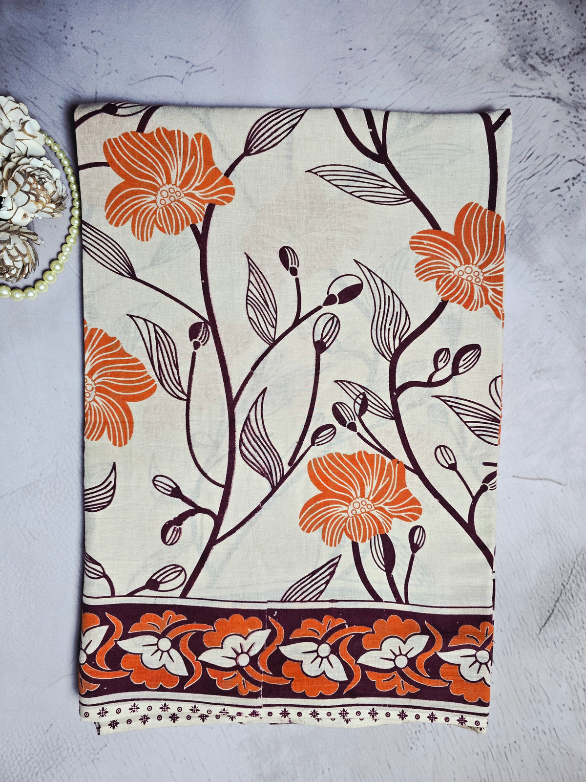 Orange & Cream Floral Kalamkari Printed Cotton Saree