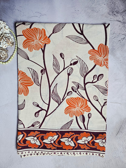 Orange & Cream Floral Kalamkari Printed Cotton Saree