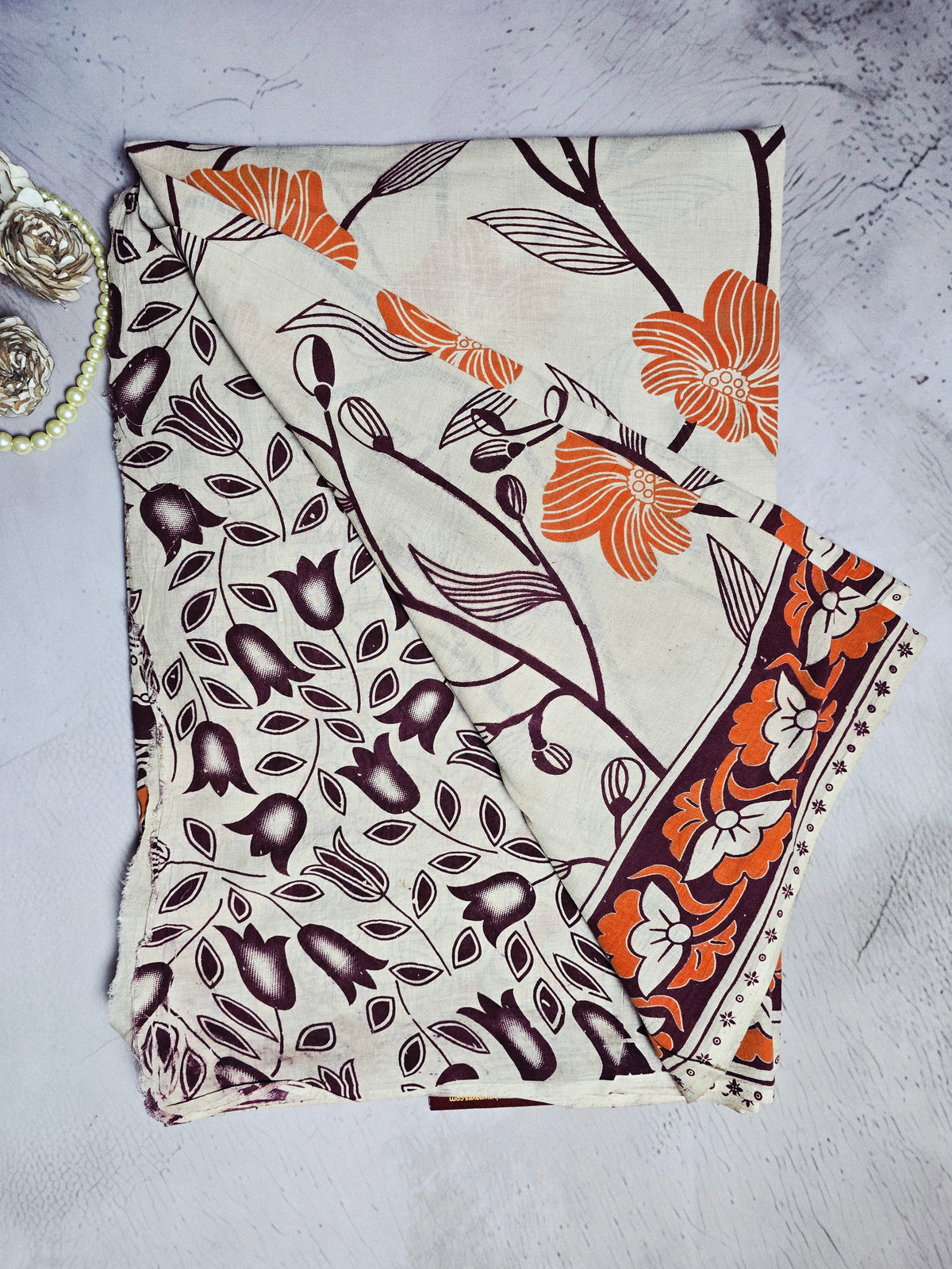 Orange & Cream Floral Kalamkari Printed Cotton Saree