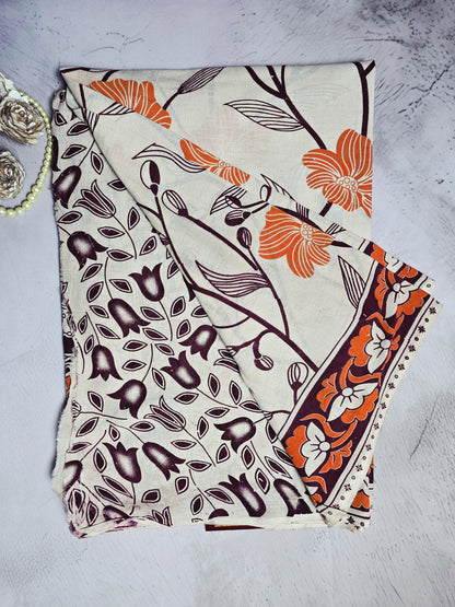 Orange & Cream Floral Kalamkari Printed Cotton Saree