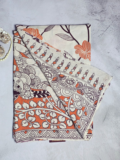 Orange & Cream Floral Kalamkari Printed Cotton Saree