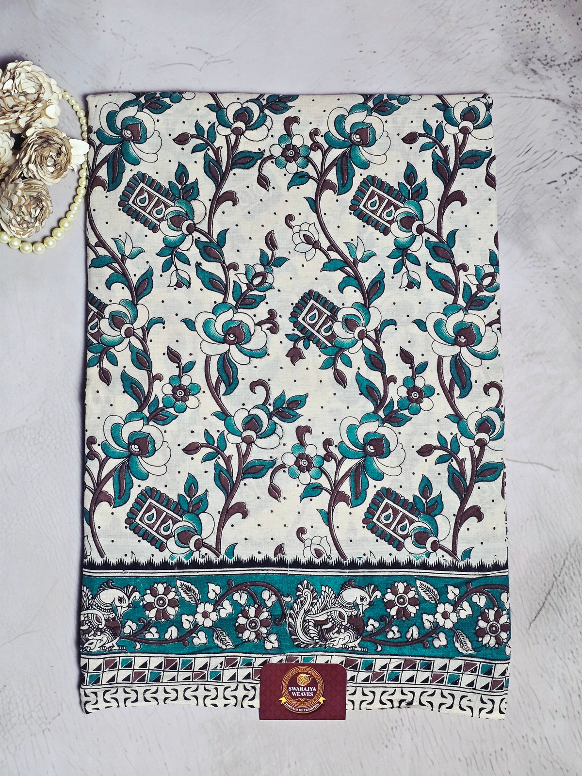 Teal & Maroon Floral Kalamkari Printed Cotton Saree