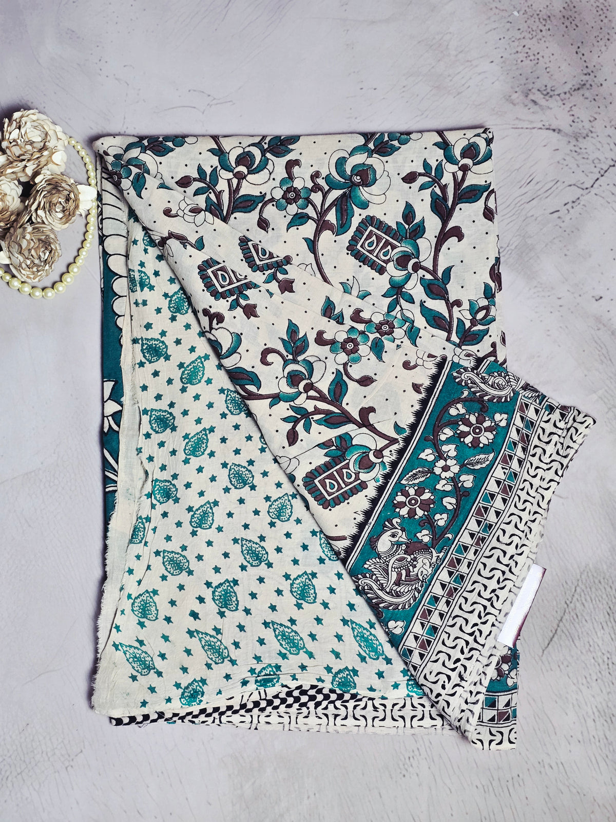 Teal & Maroon Floral Kalamkari Printed Cotton Saree