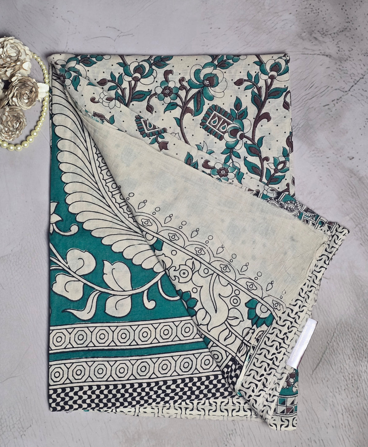 Teal & Maroon Floral Kalamkari Printed Cotton Saree
