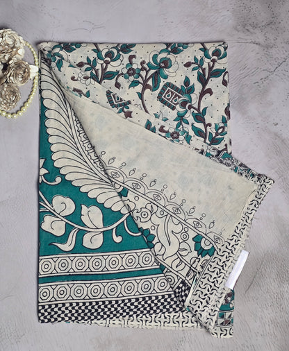 Teal & Maroon Floral Kalamkari Printed Cotton Saree