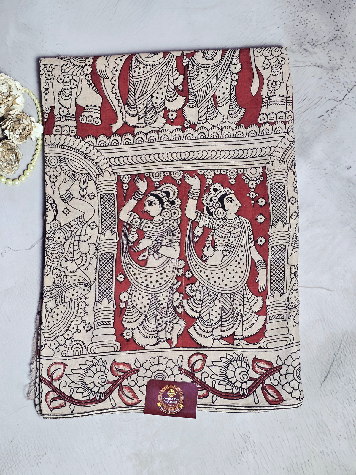Maroon & Ivory Traditional Dancer Kalamkari Cotton Saree