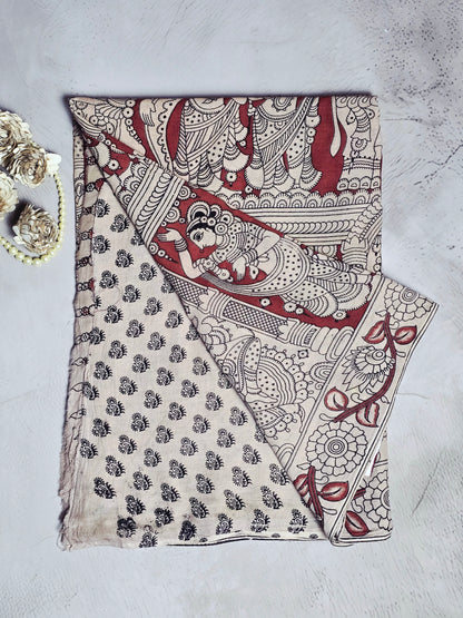 Maroon & Ivory Traditional Dancer Kalamkari Cotton Saree