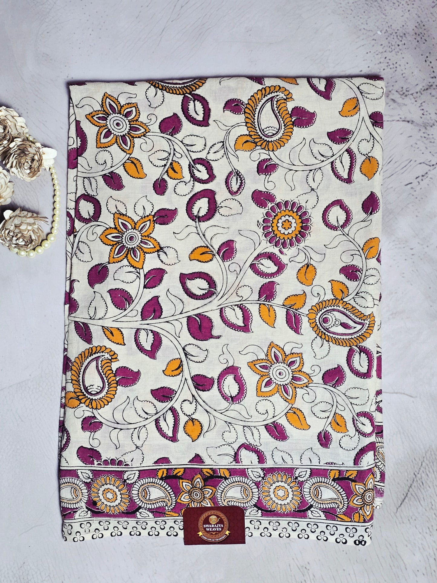 Ivory, Magenta & Mustard Floral Paisley Kalamkari Linen Cotton Saree