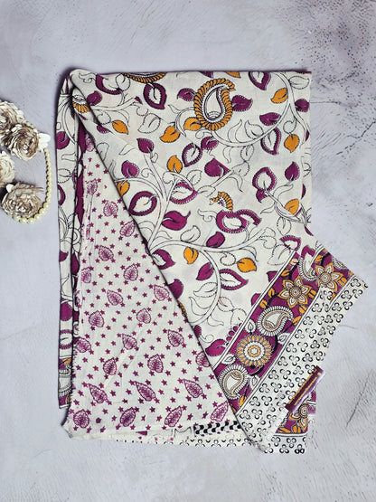 Ivory, Magenta & Mustard Floral Paisley Kalamkari Linen Cotton Saree