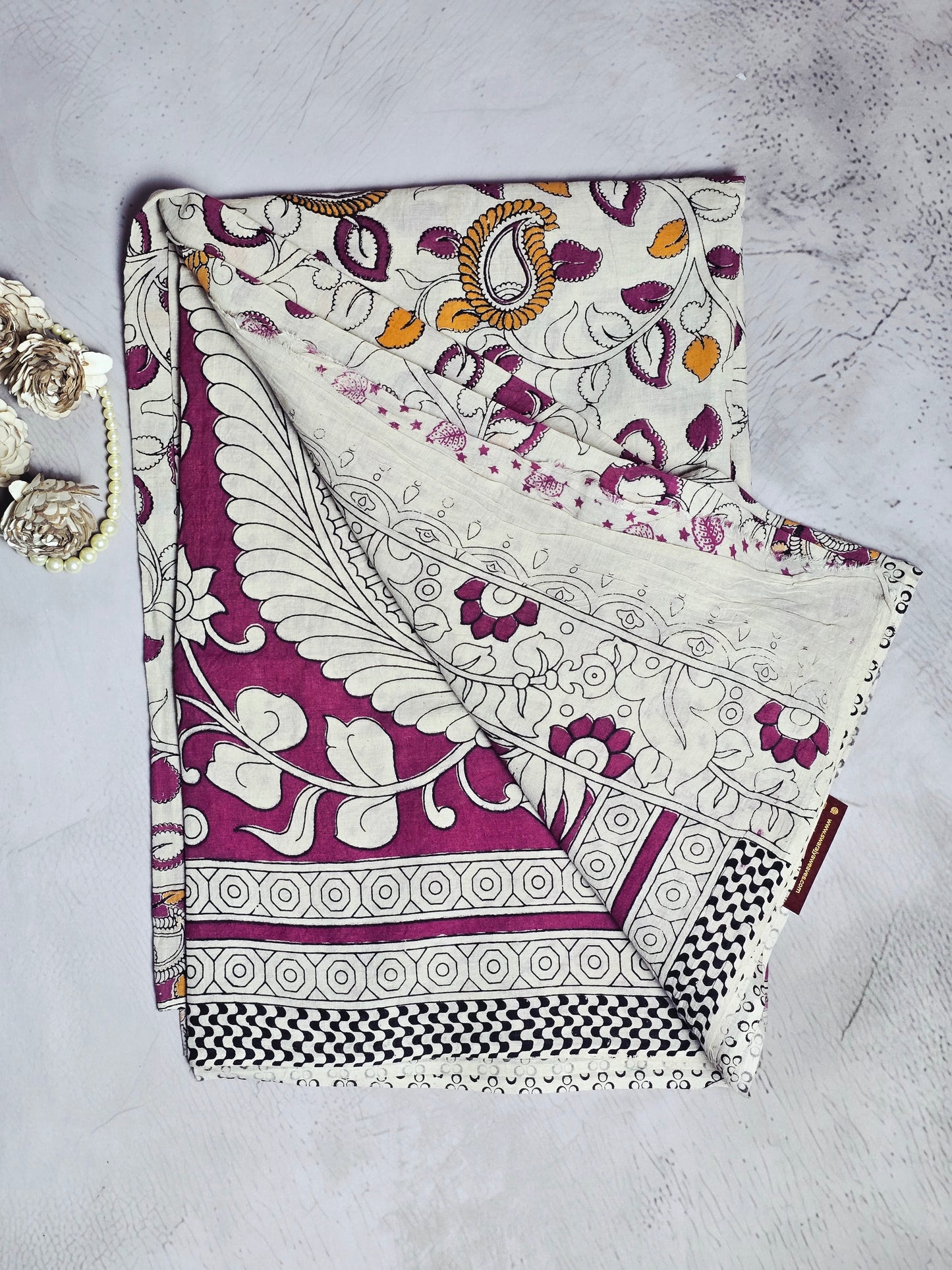 Ivory, Magenta & Mustard Floral Paisley Kalamkari Linen Cotton Saree