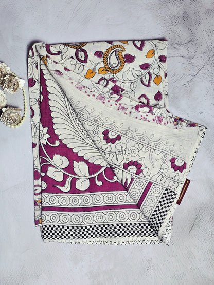 Ivory, Magenta & Mustard Floral Paisley Kalamkari Linen Cotton Saree