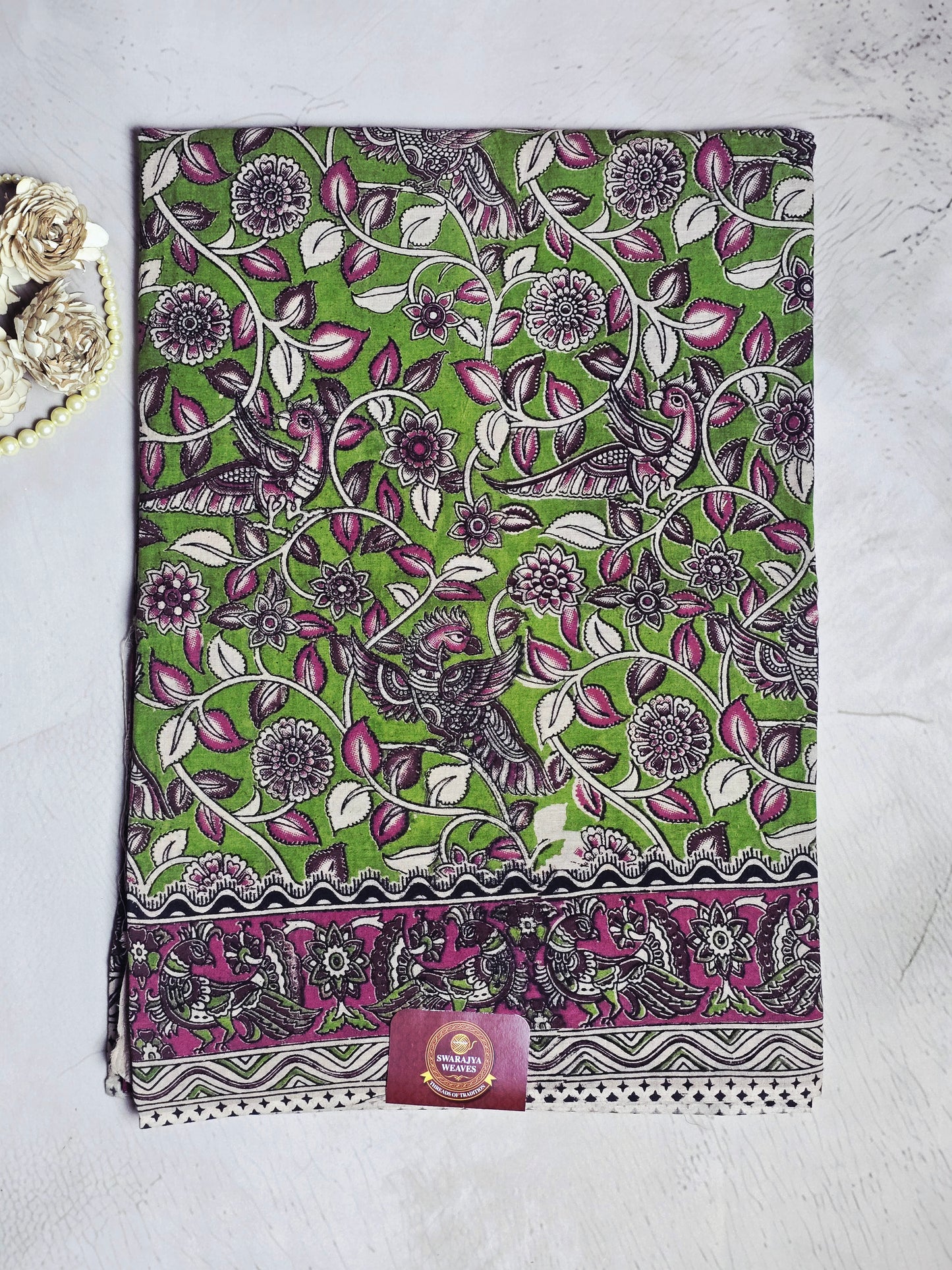 Green, Magenta & White Floral Peacock Kalamkari Linen Cotton Saree