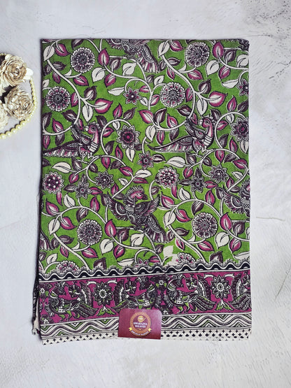 Green, Magenta & White Floral Peacock Kalamkari Linen Cotton Saree
