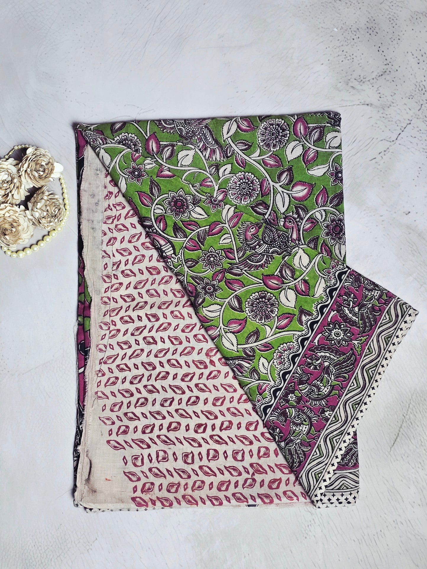 Green, Magenta & White Floral Peacock Kalamkari Linen Cotton Saree