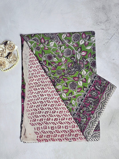 Green, Magenta & White Floral Peacock Kalamkari Linen Cotton Saree