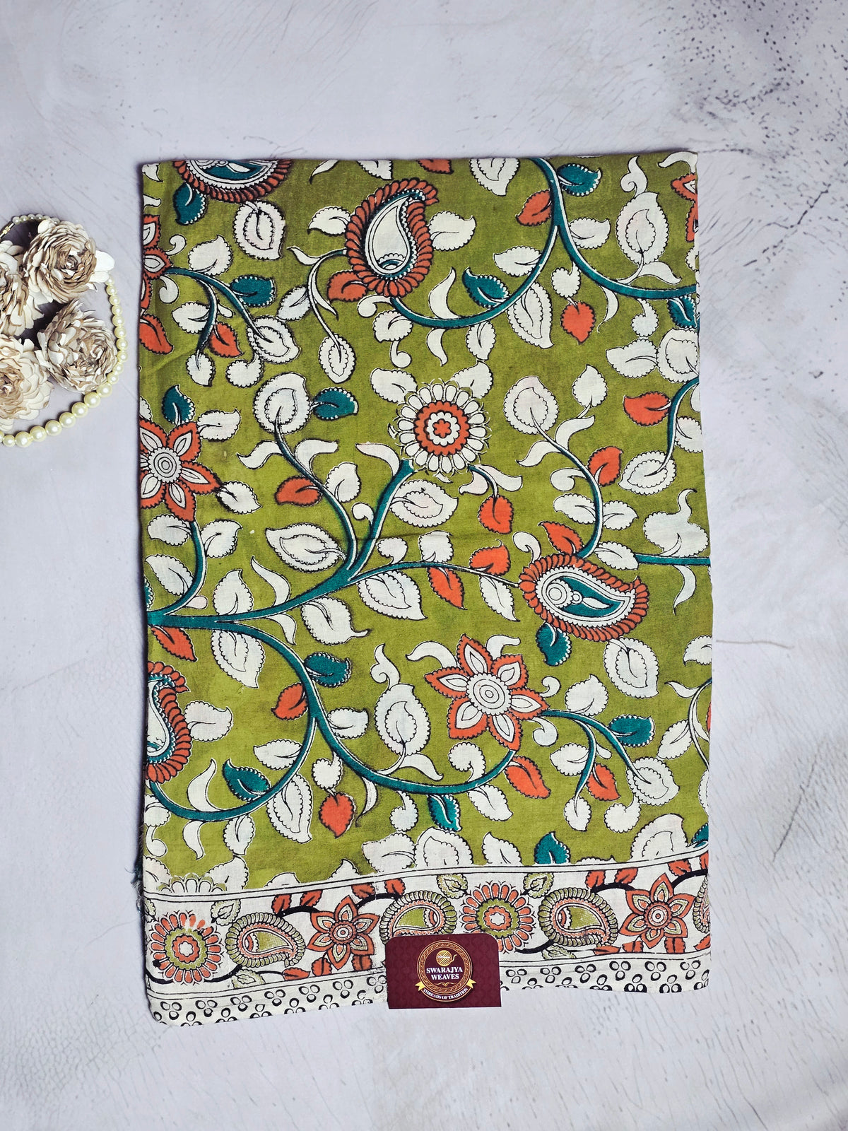 Olive Green, Teal & Orange Floral Paisley Kalamkari Cotton Saree
