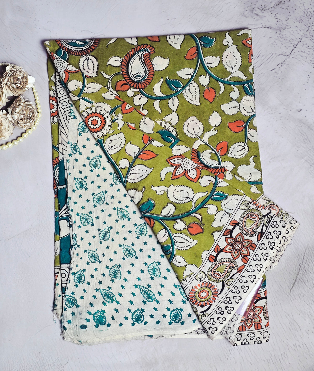 Olive Green, Teal & Orange Floral Paisley Kalamkari Cotton Saree