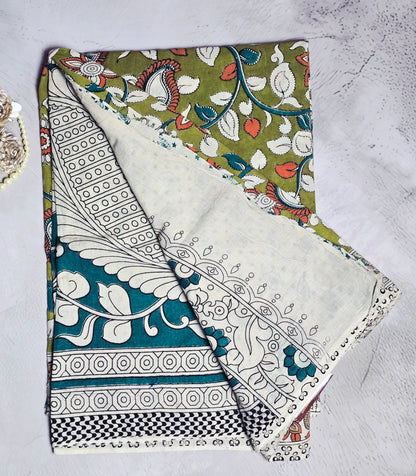 Olive Green, Teal & Orange Floral Paisley Kalamkari Cotton Saree