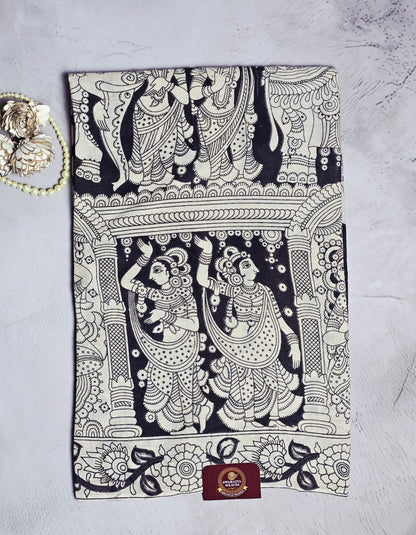 Black & White Traditional Kalamkari Figurative  Cotton Saree