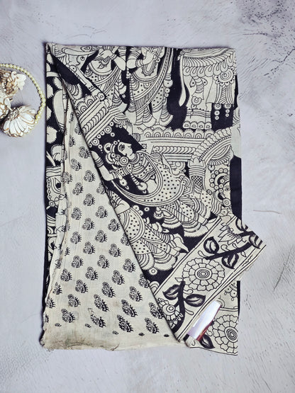 Black & White Traditional Kalamkari Figurative  Cotton Saree