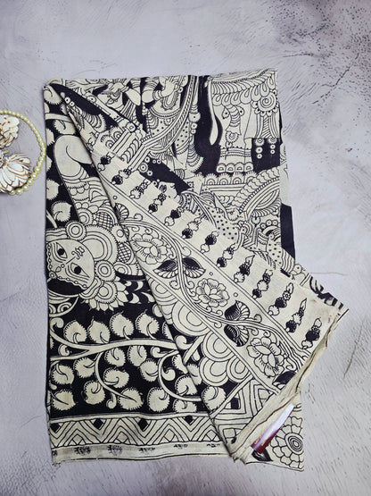 Black & White Traditional Kalamkari Figurative  Cotton Saree