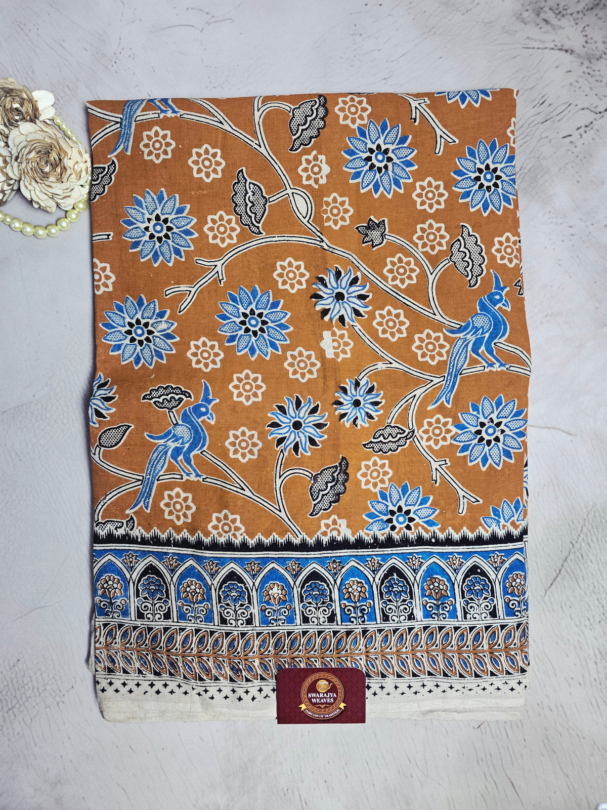Rust Brown & Blue Floral Peacock Printed Cotton Saree