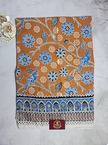 Rust Brown & Blue Floral Peacock Printed Cotton Saree